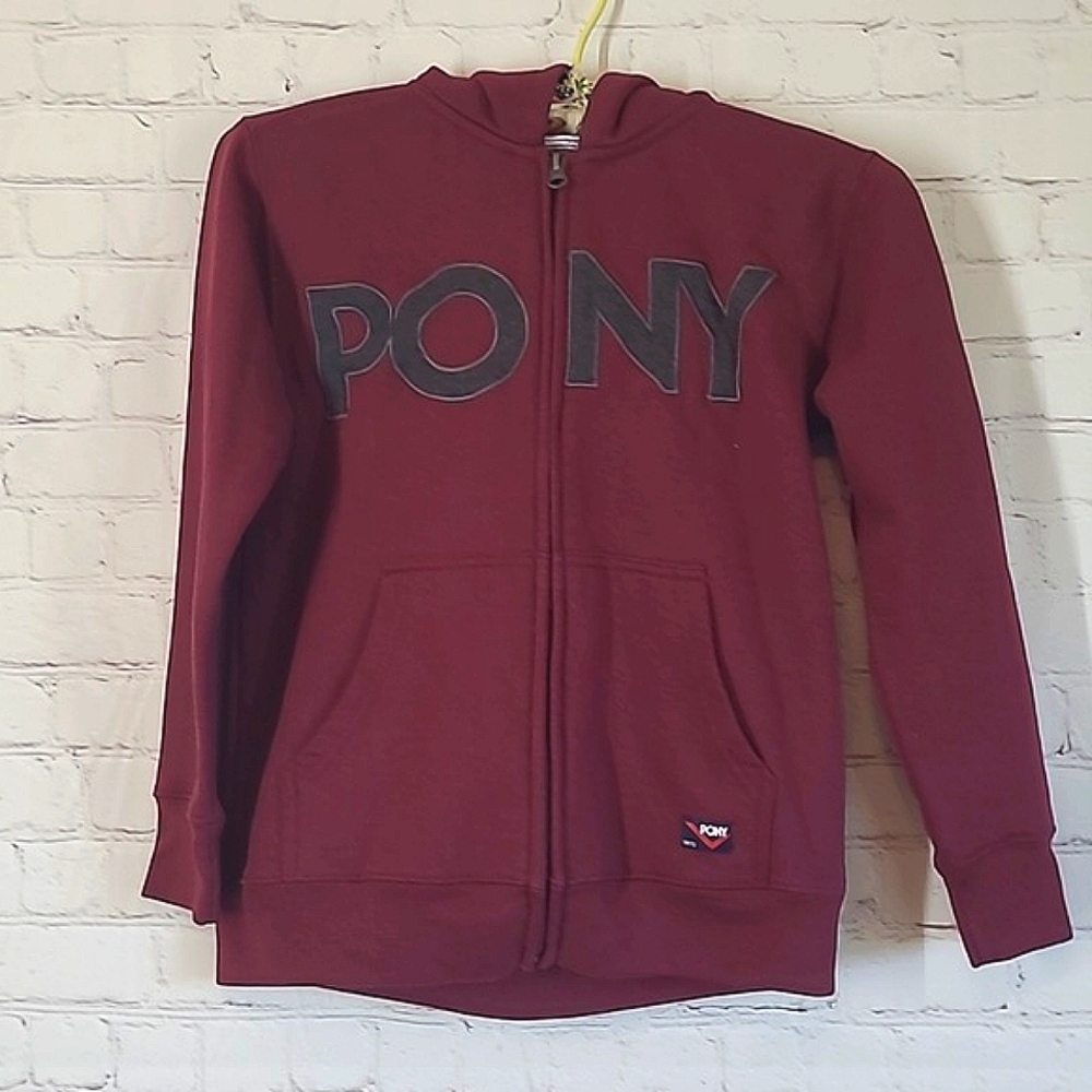 Pony Maroon Burgundy Logo Spellout Full Zip Hoodie Sweatshirt Youth Size Small 8